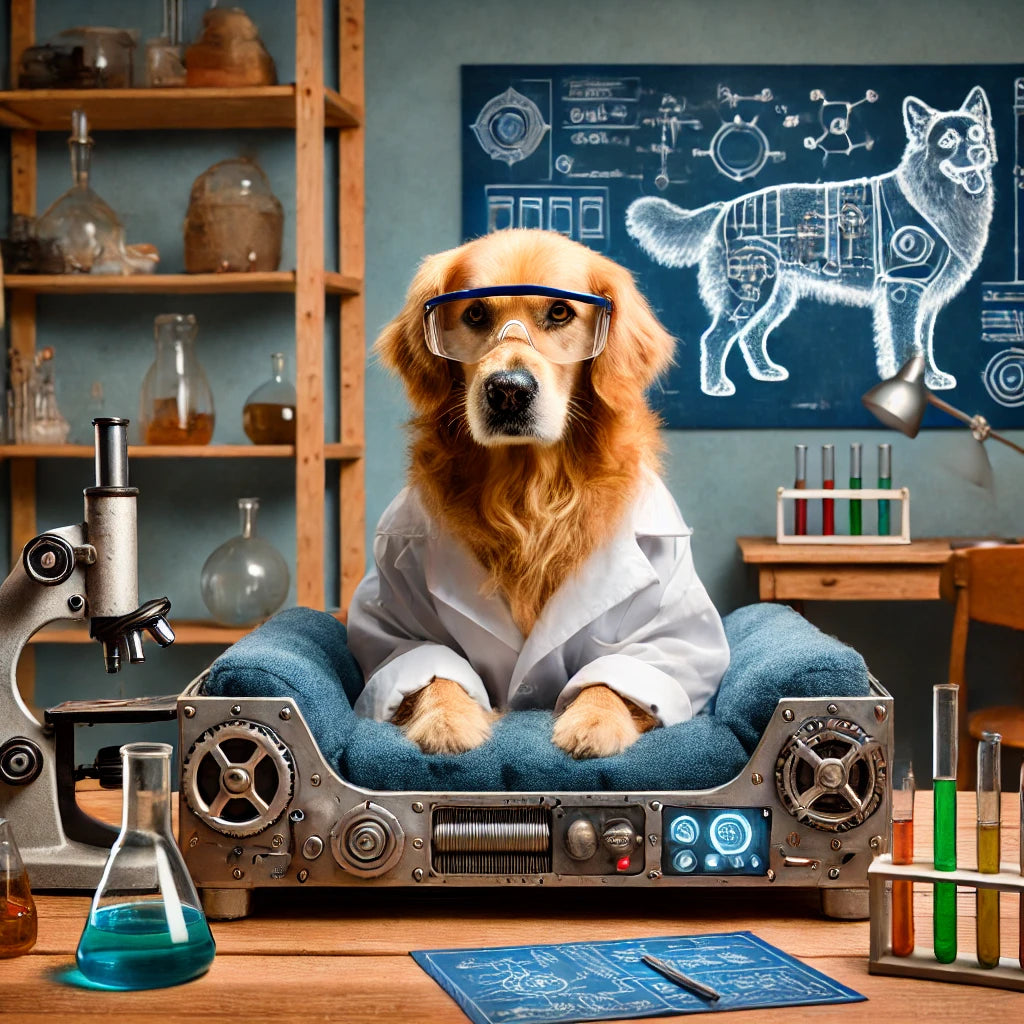 Animated image of a dog dressed as a scientist in a laboratory, working on inventing a dog bed with lab equipment and charts in the background